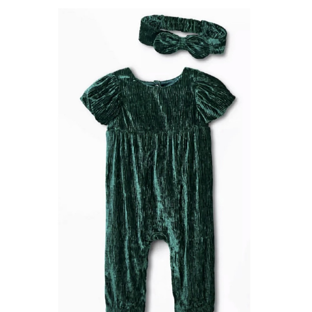 Cat & Jack Crushed Green Velvet Romper w/ matching headband.